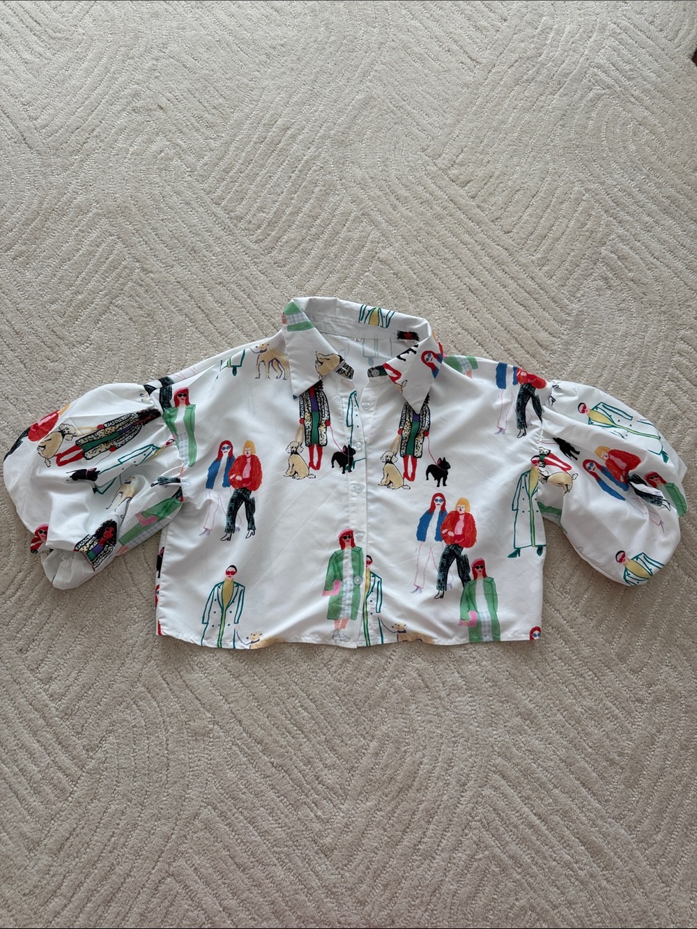Women’s White Button-Down Crop Shirt with Colorful People Print